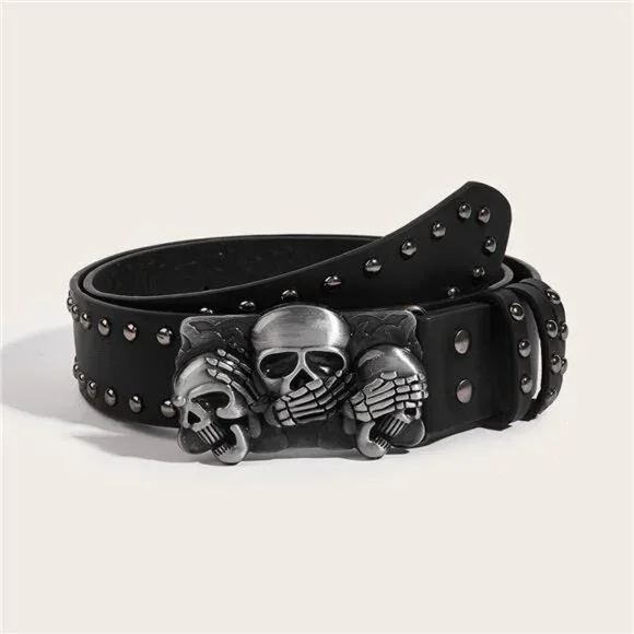 Mens Belt Leather Skull Buckle Belt - Picture 2 of 7